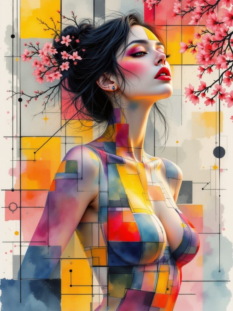 Abstract Pin-Up Figure in Mondrian Style Garden