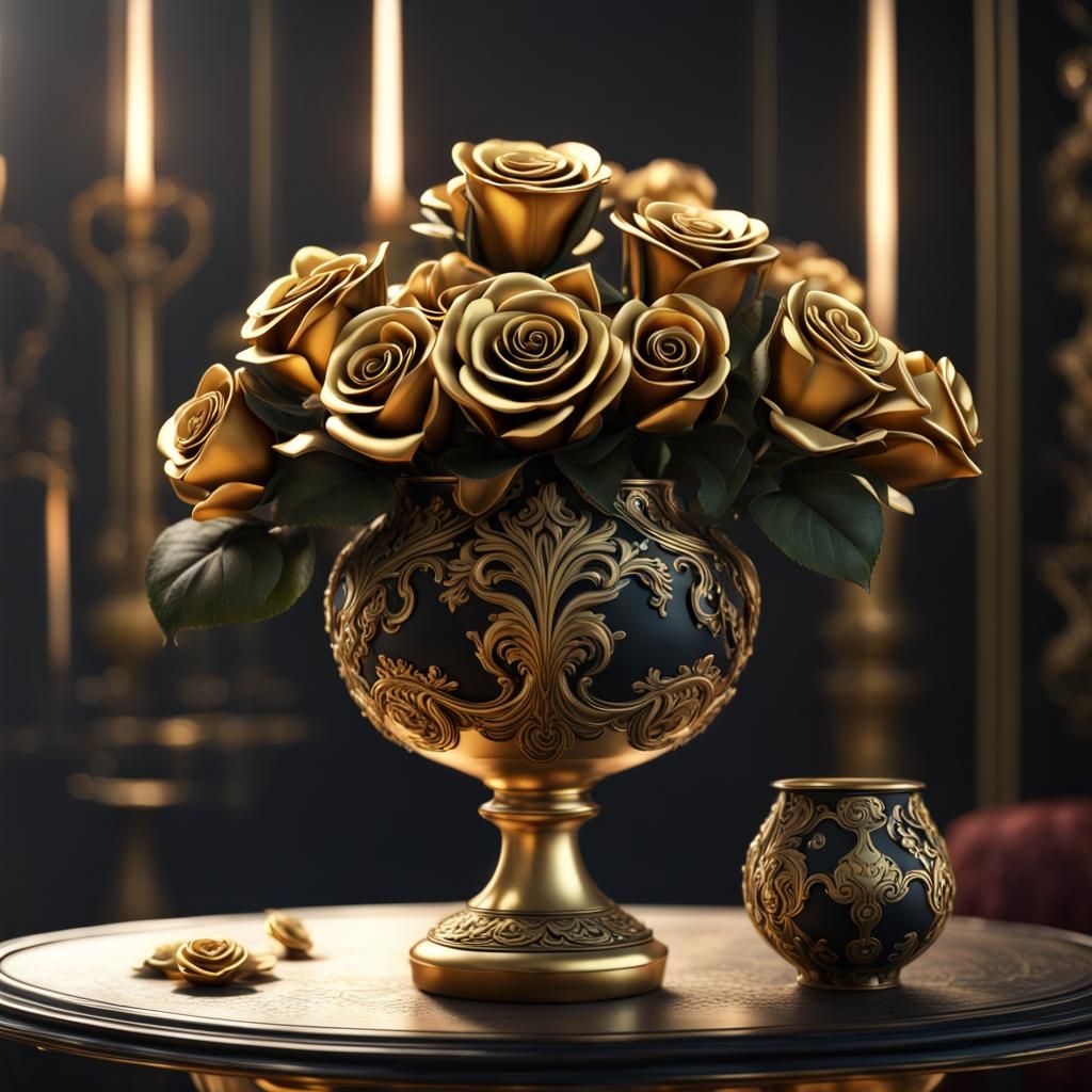 a gold metal roses in a black and gold vase on top of an ele...