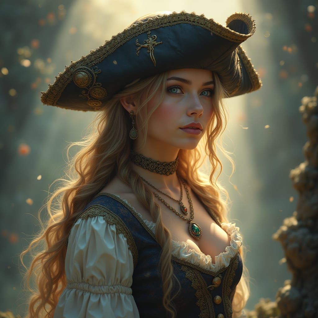 Young Pirate Woman in Ornate Attire with Mystical Glow
