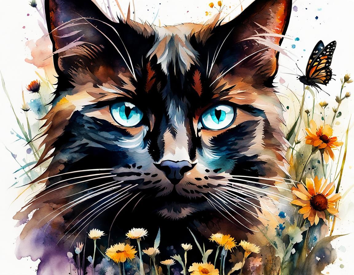 Watercolor Cat Portrait with Wildflower Landscape