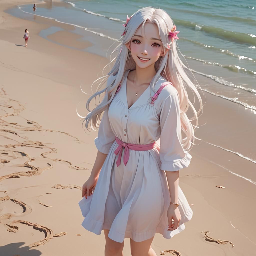 Anime Woman with White Hair on Beach in 3D Style