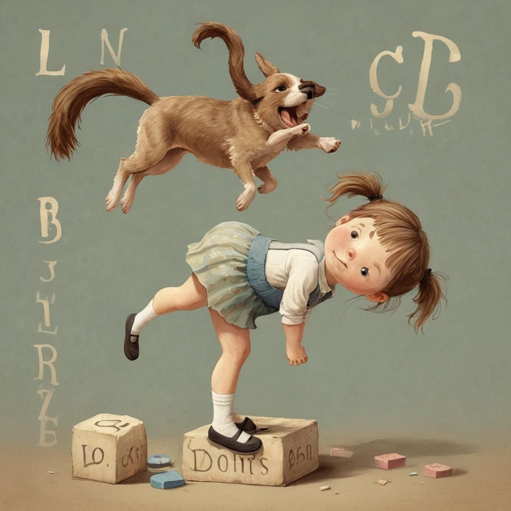 A whimsical little girl with messy brown pigtails doing some...