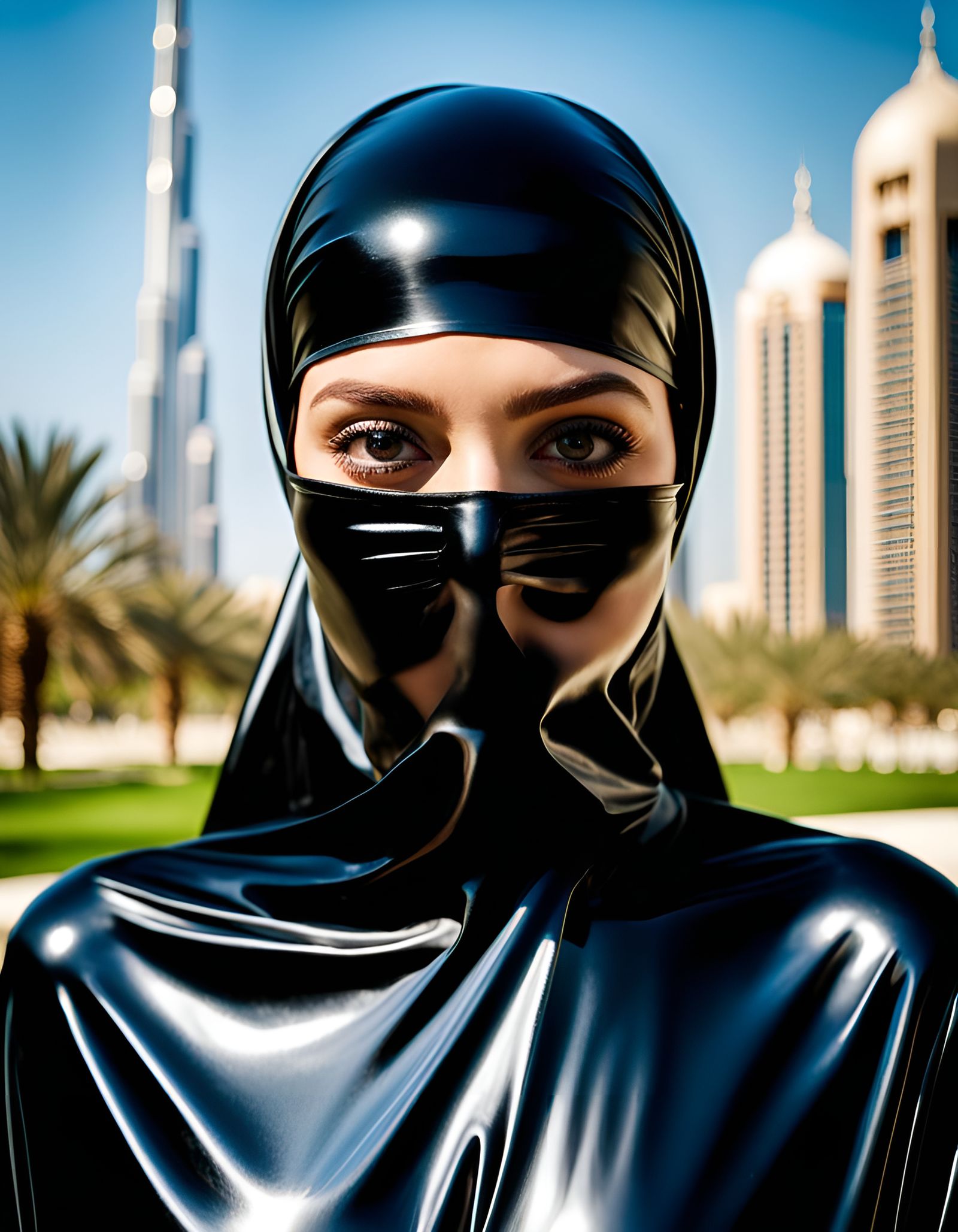 Girl in Latex Burqa in Dubai Park, Fashion Photography