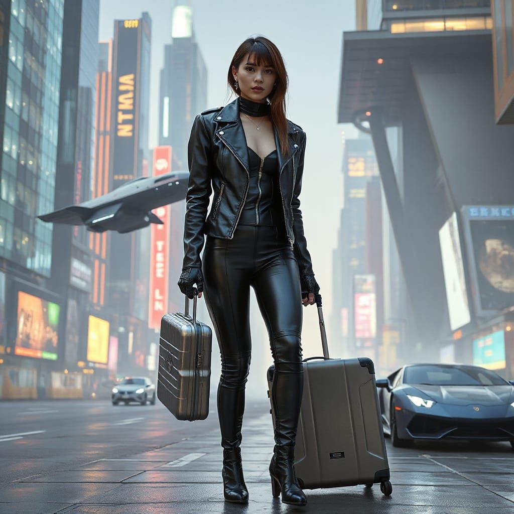 Confident Cyborg Walks in Futuristic Cityscape