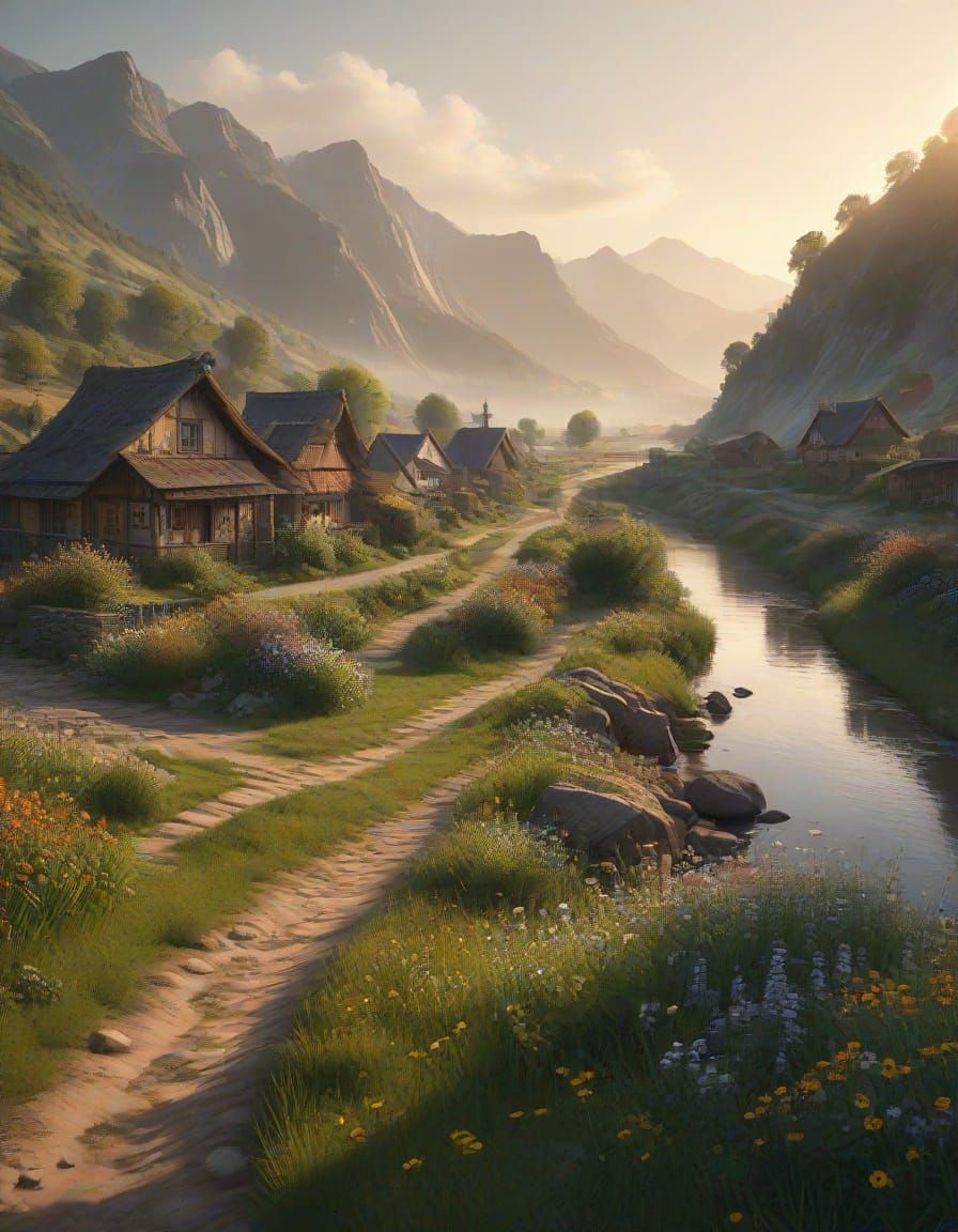 Idyllic Village in Valley with Golden Light and Mist