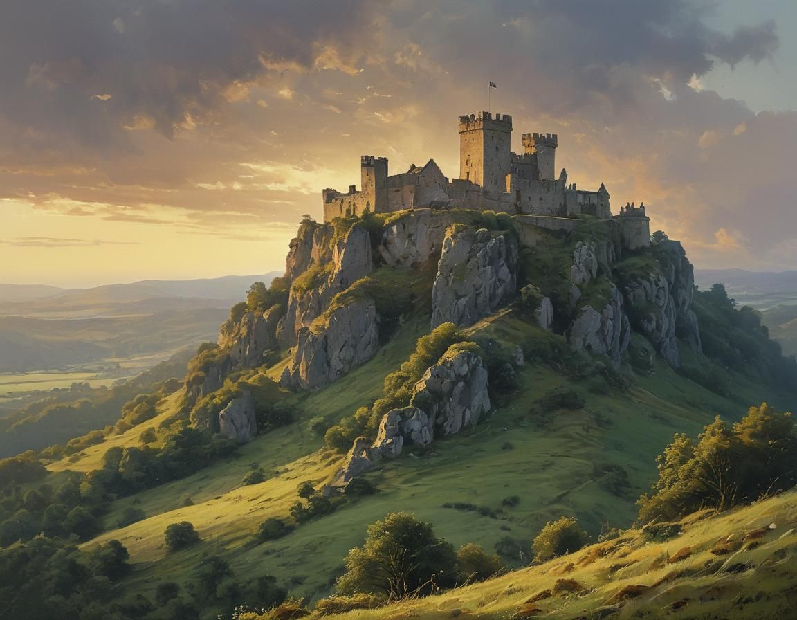 Castle Ruins at Sunset: Watercolor Painting