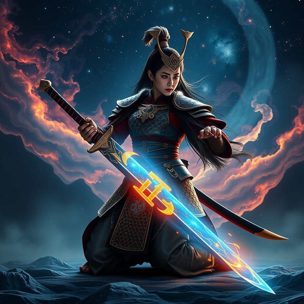 Serene Samurai Warrior in Celestial Night