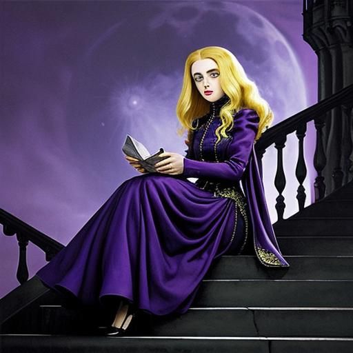 Teenager in Purple Gown, Futuristic Castle, Tim Burton Style