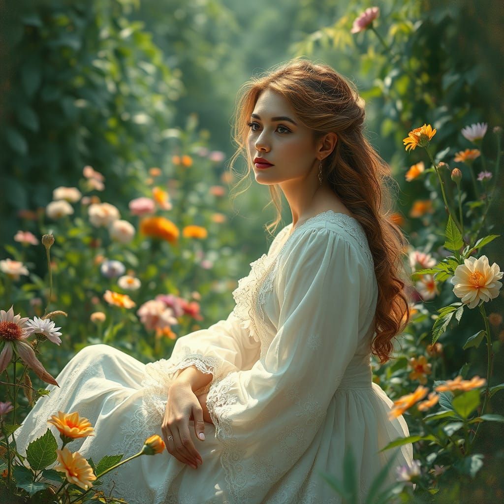 Ethereal Garden Scene in Whimsical Watercolor Style