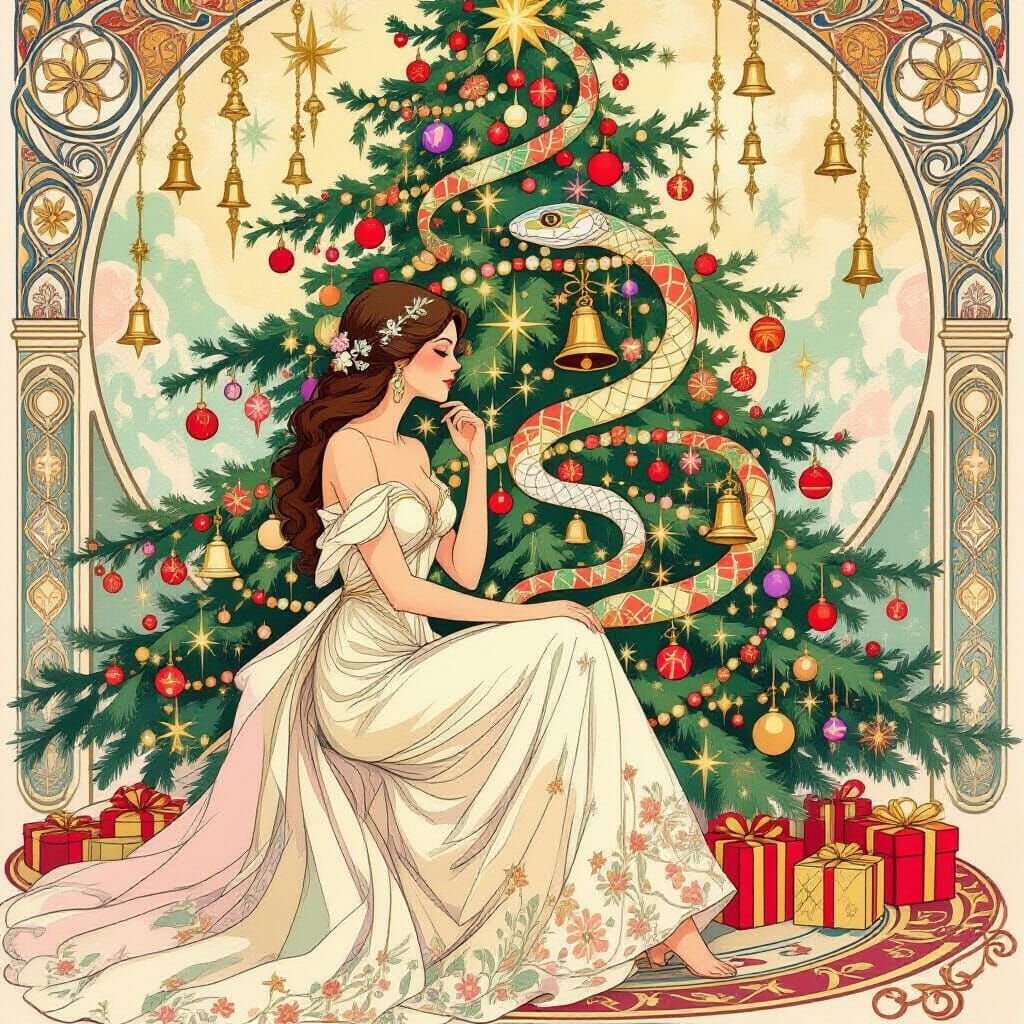 Elegant Woman with New Year Tree in Art Nouveau Style