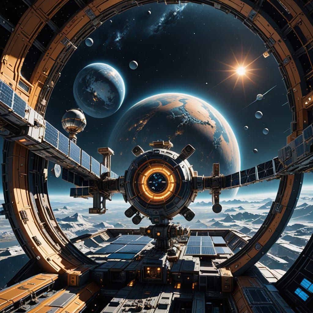 Futuristic Space Station in Orbit around a Distant Icy Plane...