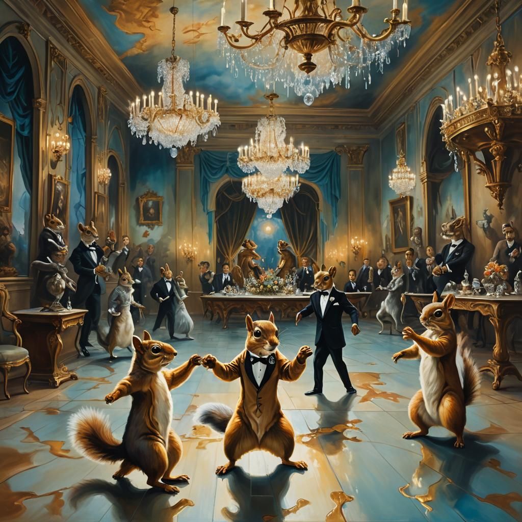 Surreal Squirrel Ball in Dreamlike Hall