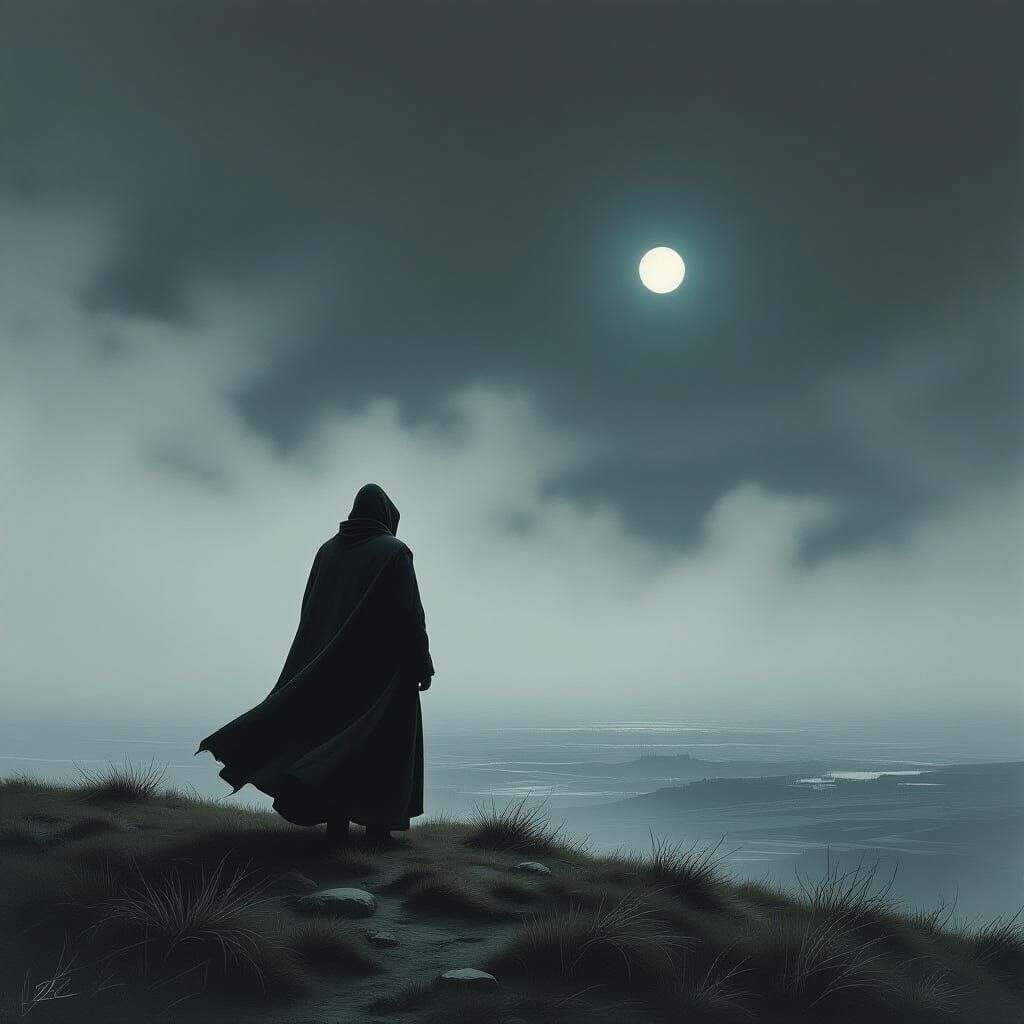 Lone Figure Gazing at Dark Horizon