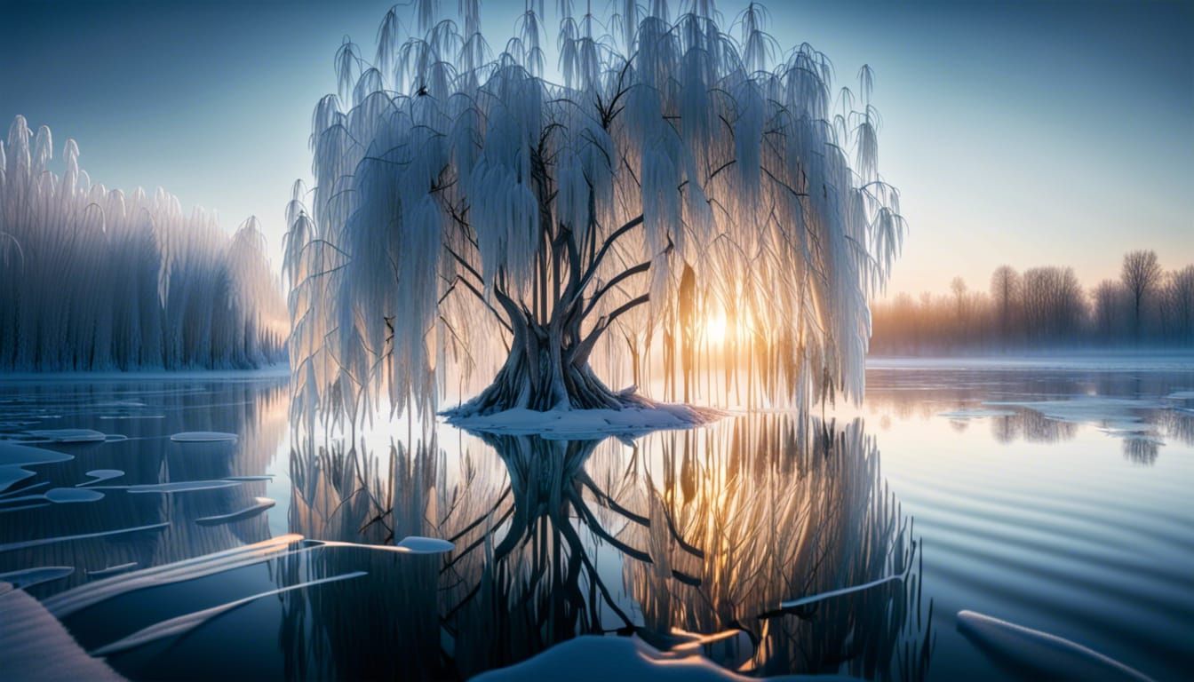Glass Willow Tree on Frozen Lake at Dawn