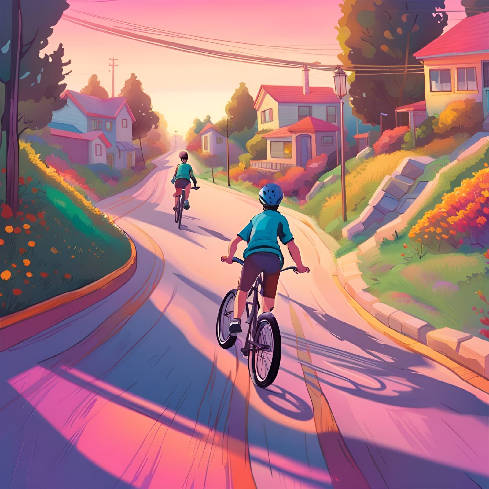 Teen Biker on Hill: Colorful Artstation Illustration