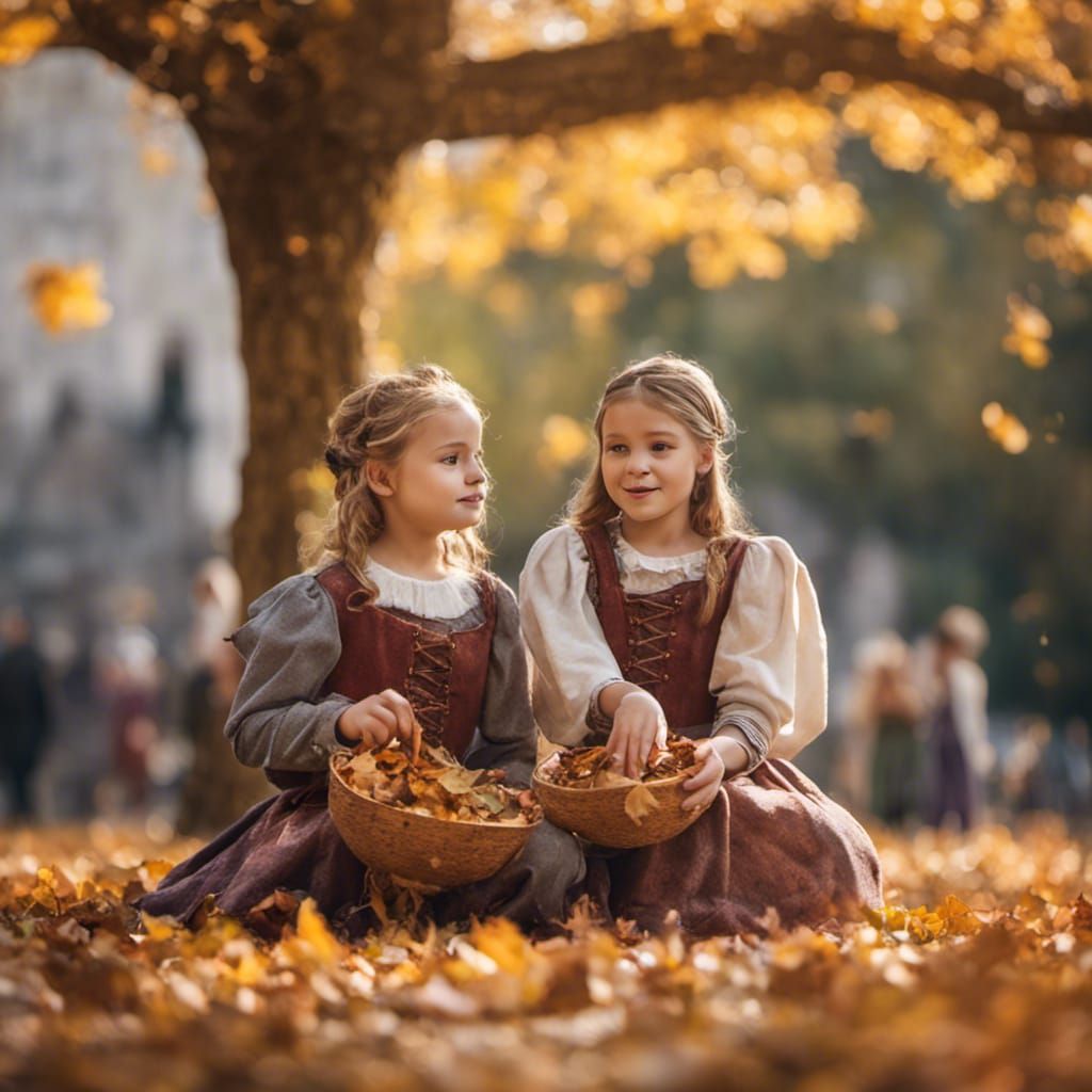 Girls in Medieval Costumes Gathering Autumn Leaves