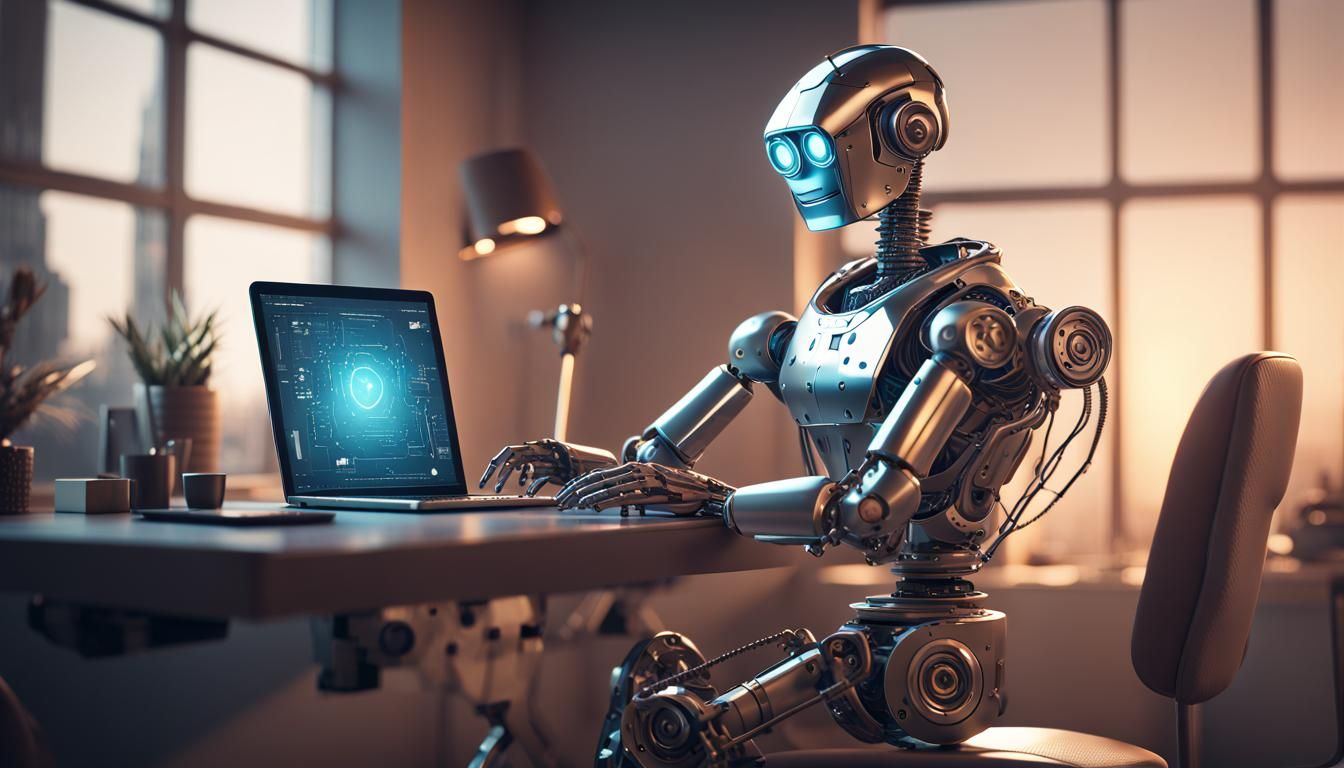 Happy Robot at Desk in 2D Vector Art Style