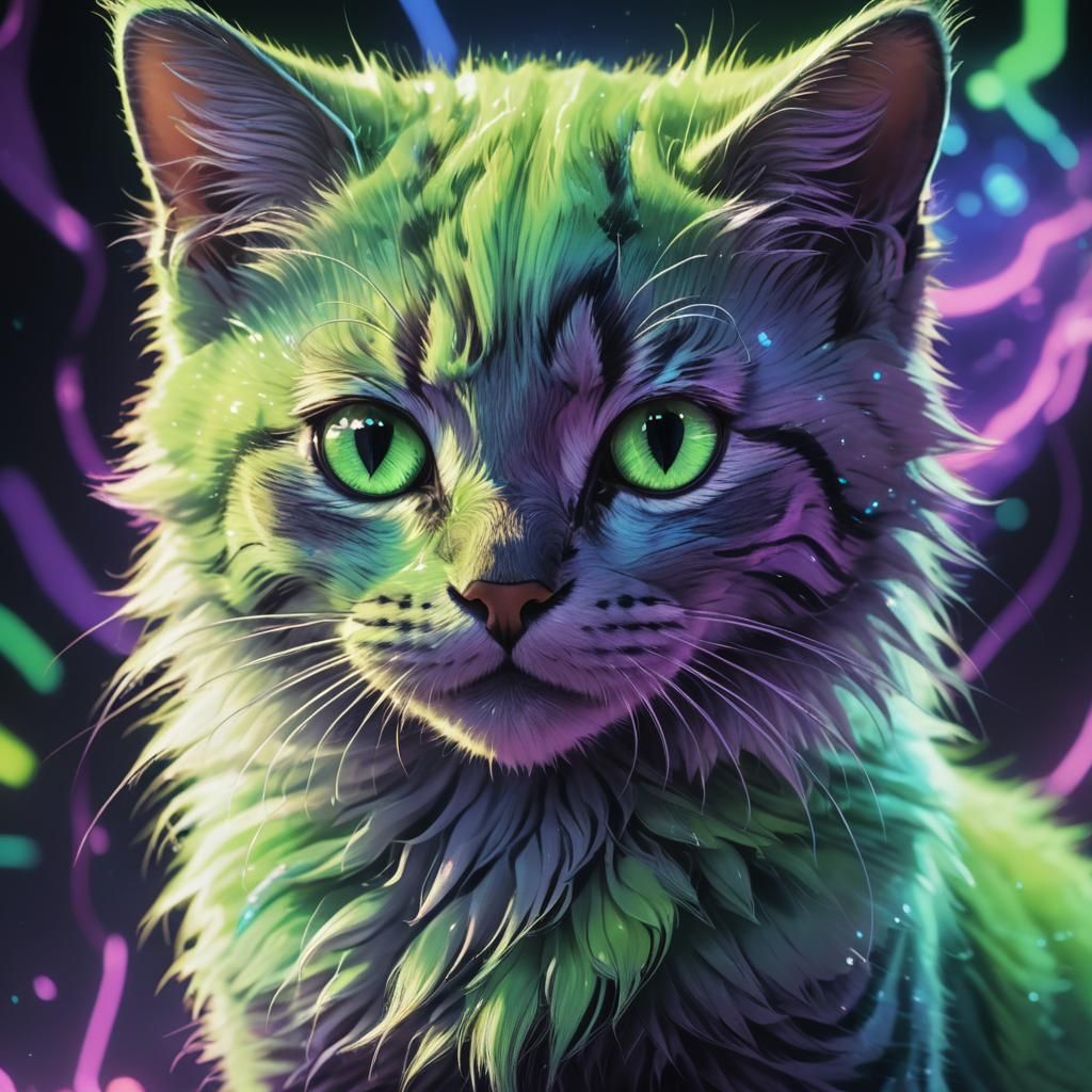 Fluorescent Kitten Glowing in the Dark: Digital Art