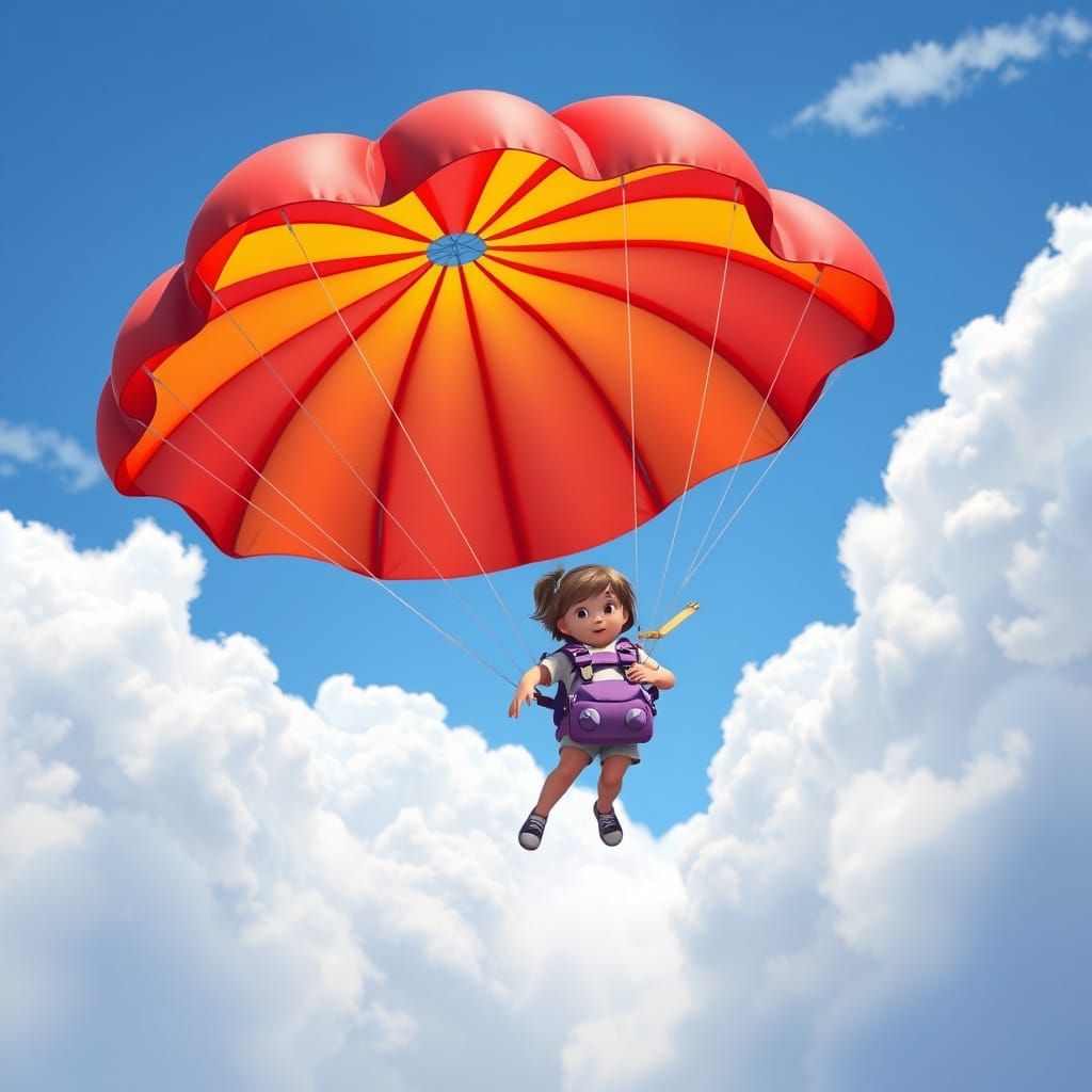 Girl Parachuting in Disney Pixar 3D Animation Style