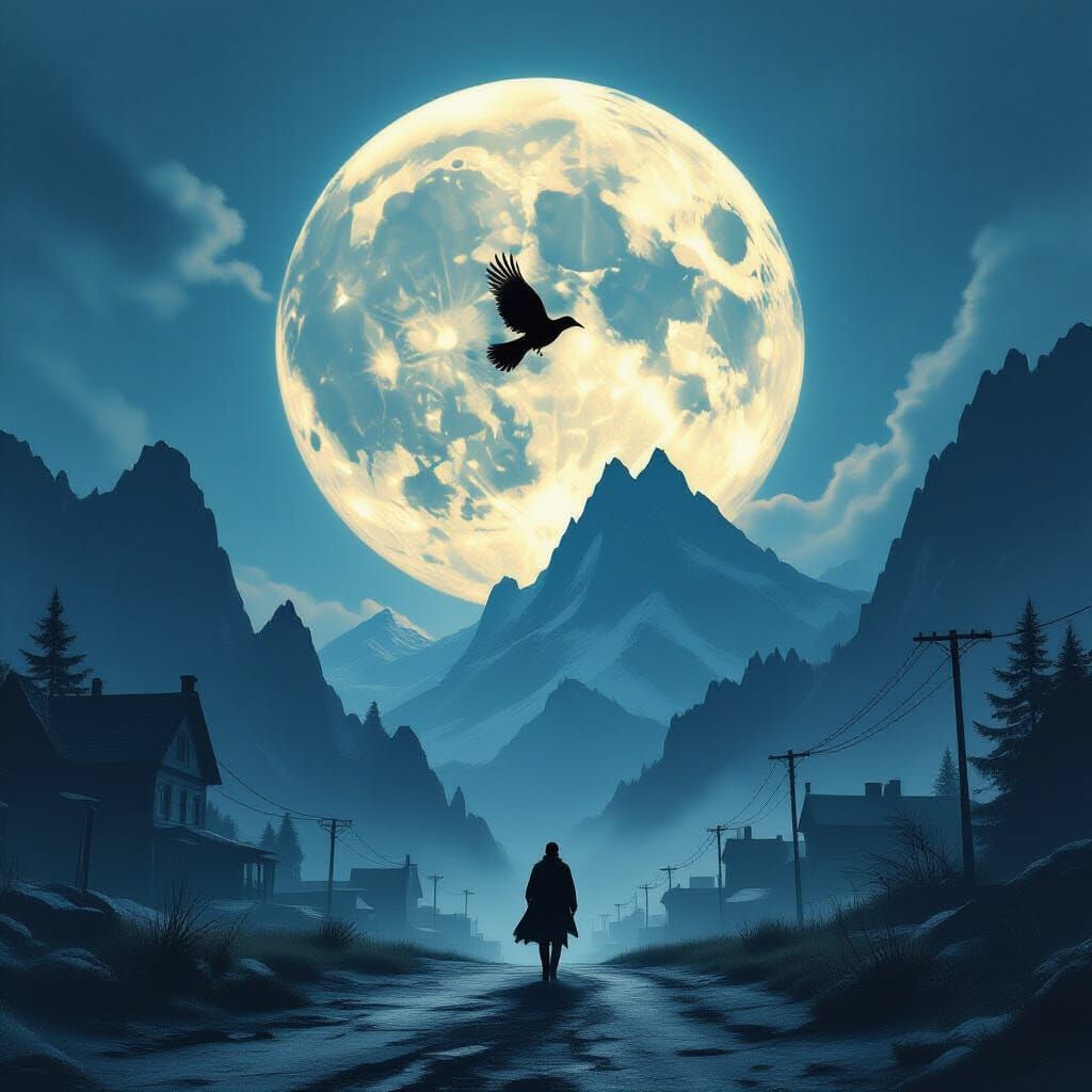 Raven Flies Across Moon Over Ghost Town