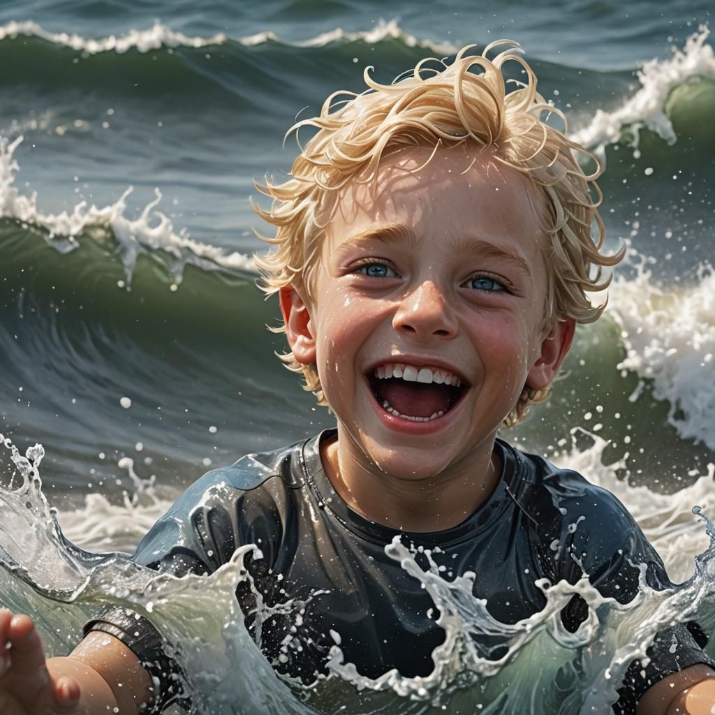 Happy Blond Boy Playing in Waves: Hyperrealistic Digital Art