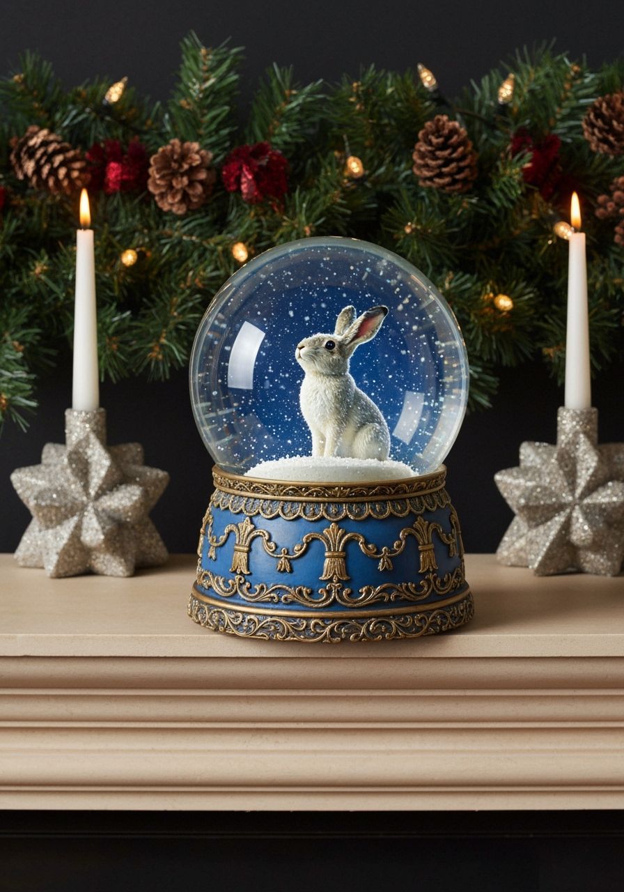 Christmas Snow Globe with Snowshoe Hare on Mantle