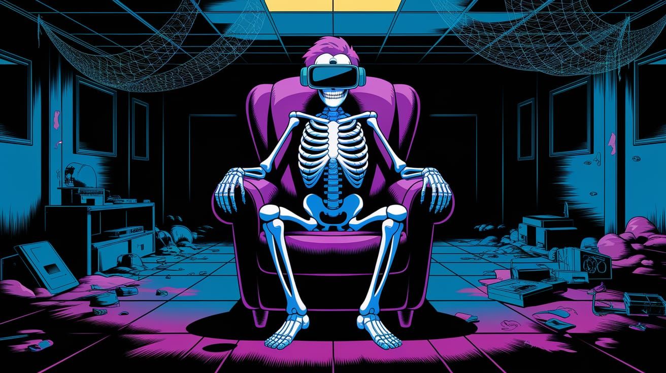 Cyberpunk Skeleton in Abandoned VR Lair