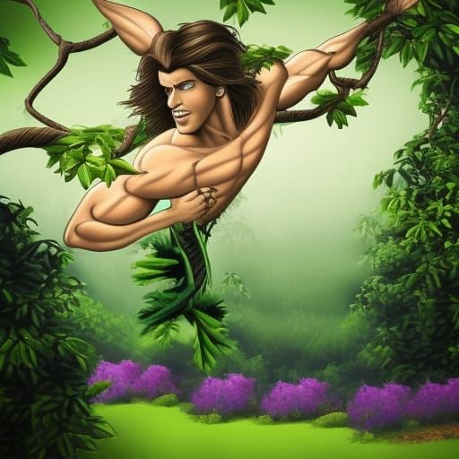 Lush Garden Paradise: Tarzan Swinging on Vine