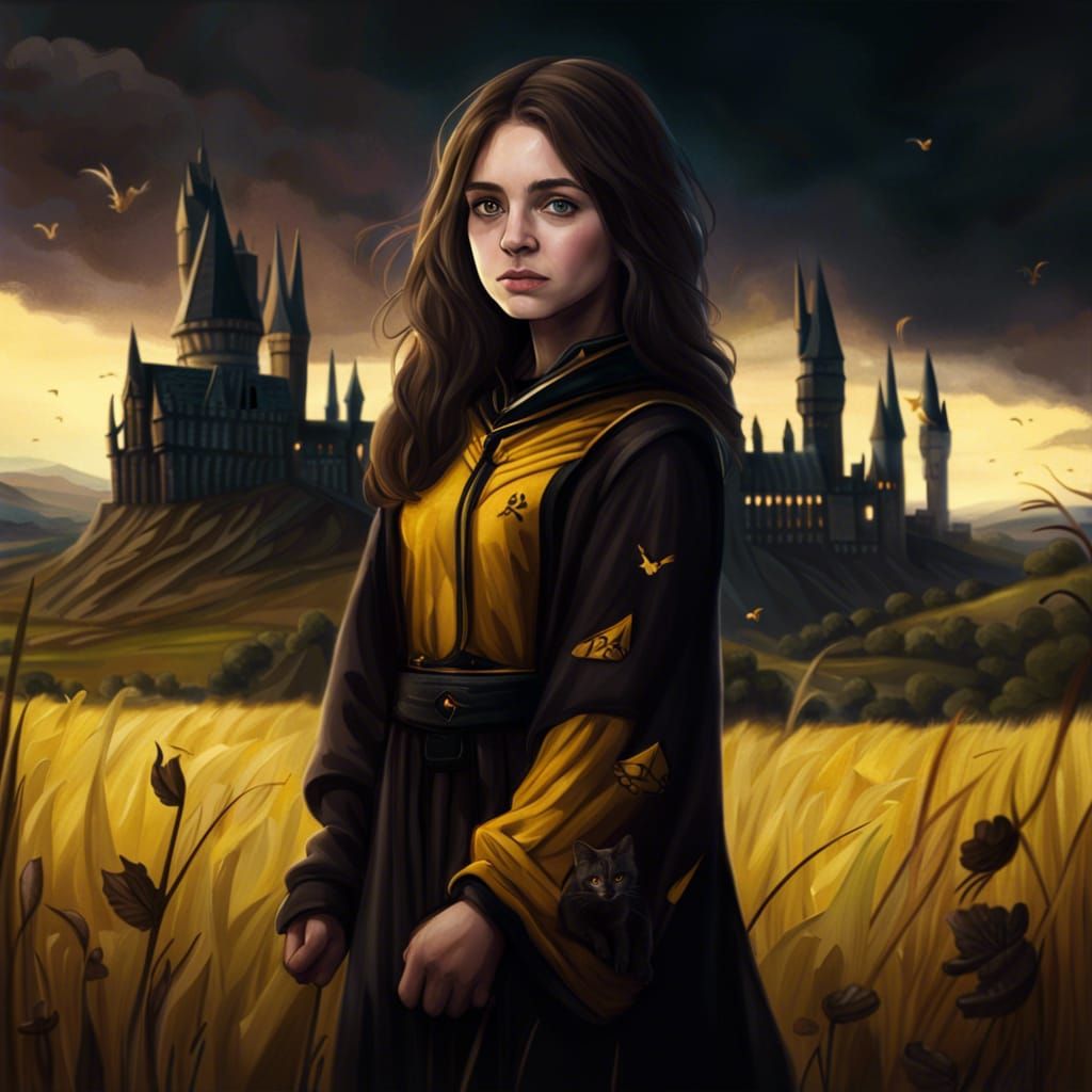 Girl in Hufflepuff Robe with Hogwarts Background