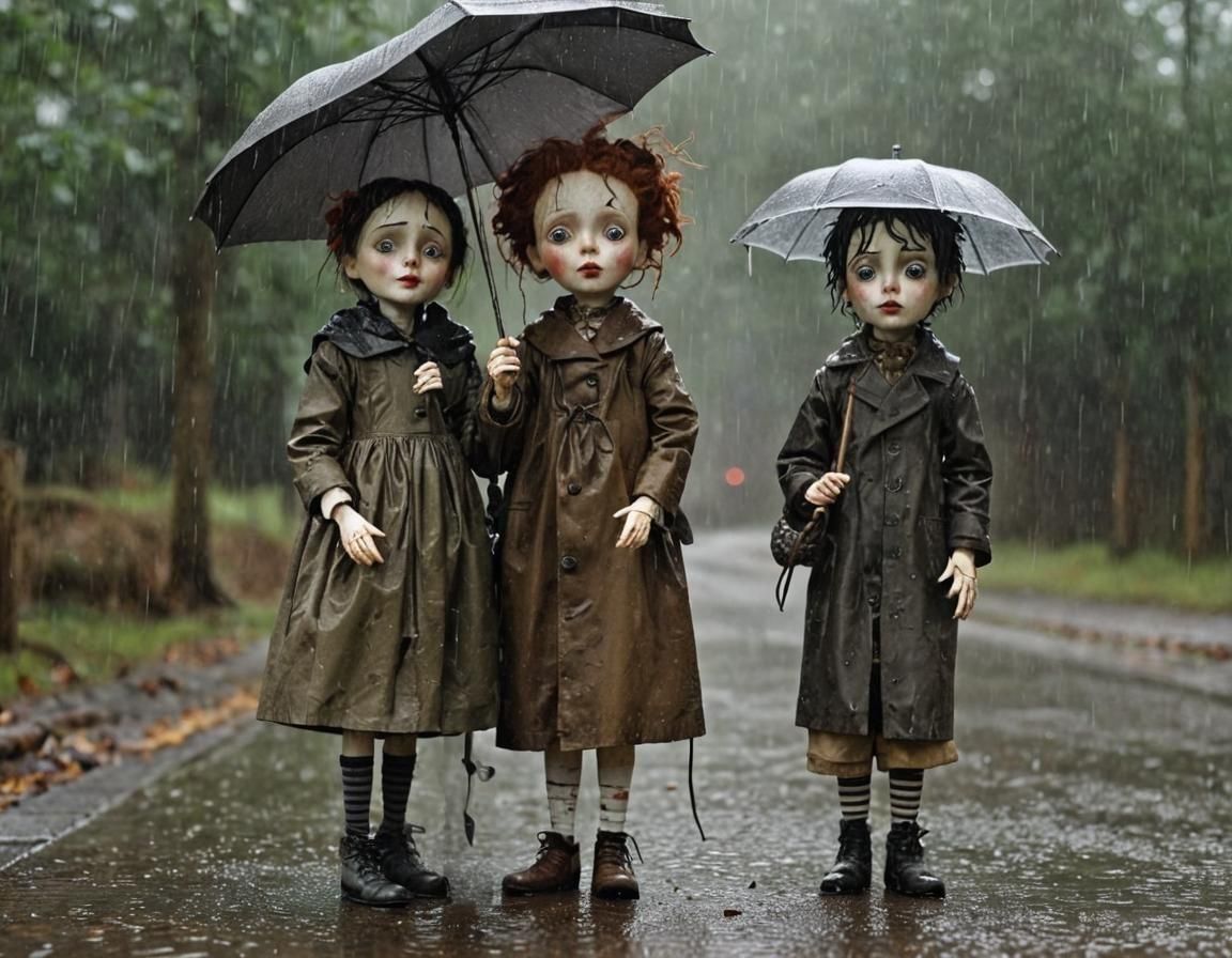 Creepy Doll Puppets in Rainy Egon Schiele Style