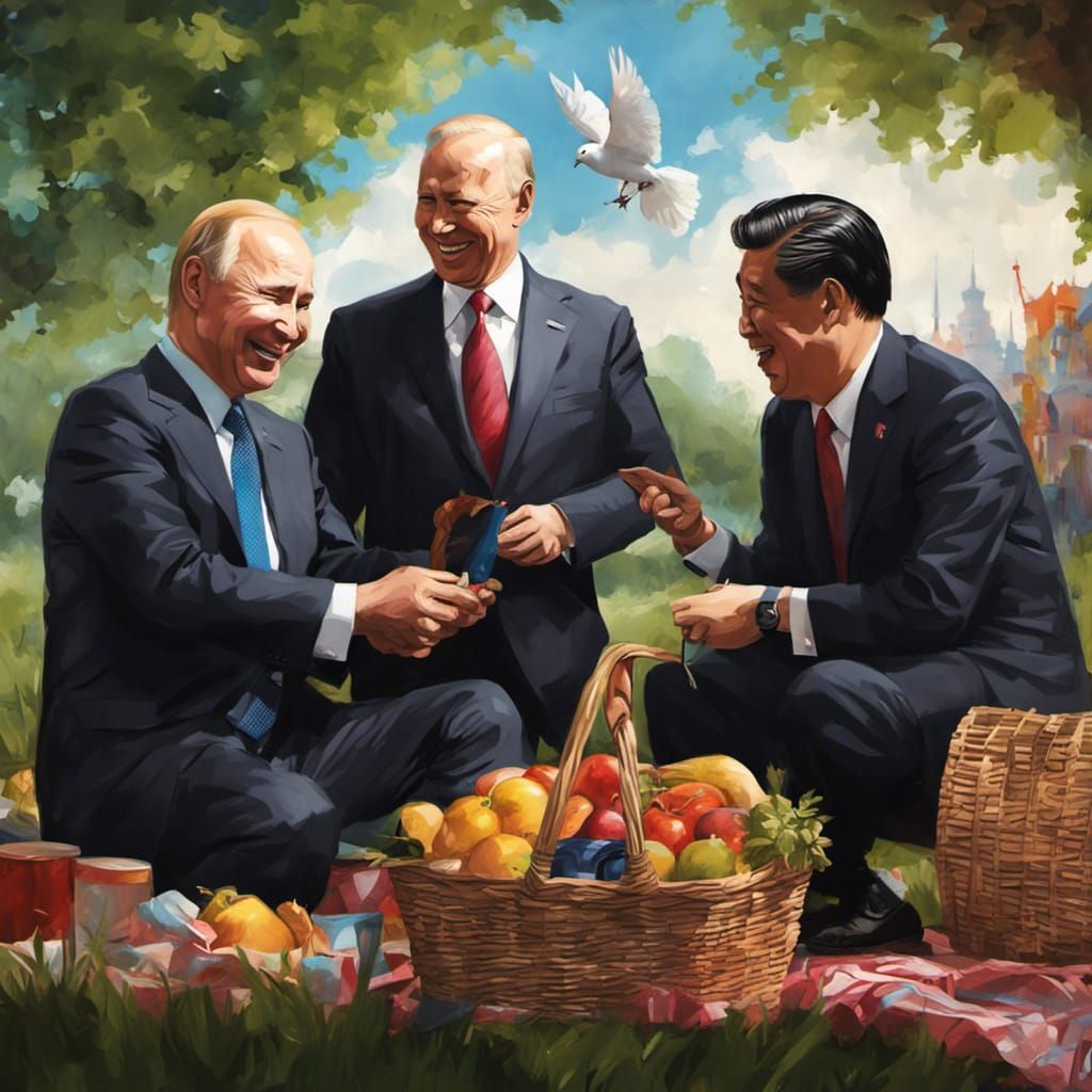Putin with Biden and Xi Jinping all laughing at the Picnic of Peace for international peace day. Fictitious, but nice ...