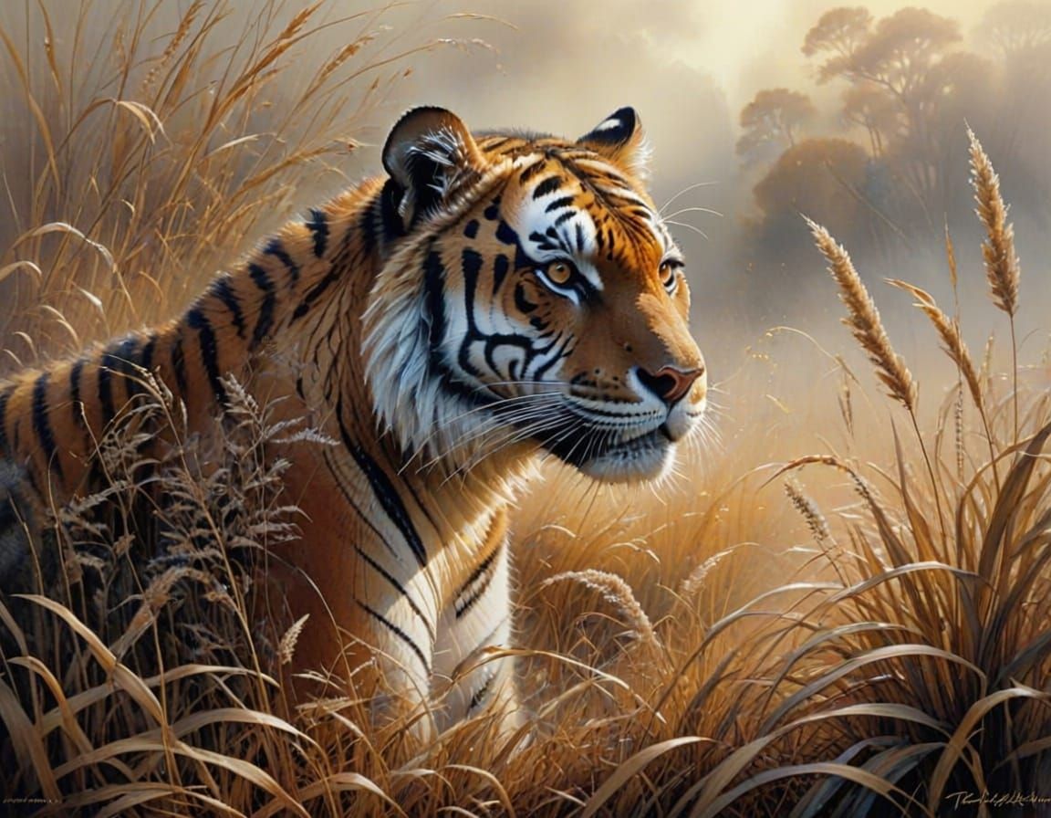 Hidden Tiger in Misty Fantasy Grasslands