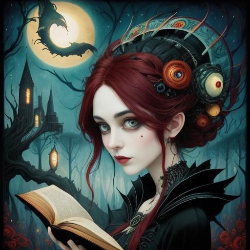 Gothic Fairytale Girl Reading: Digital Abstract Art