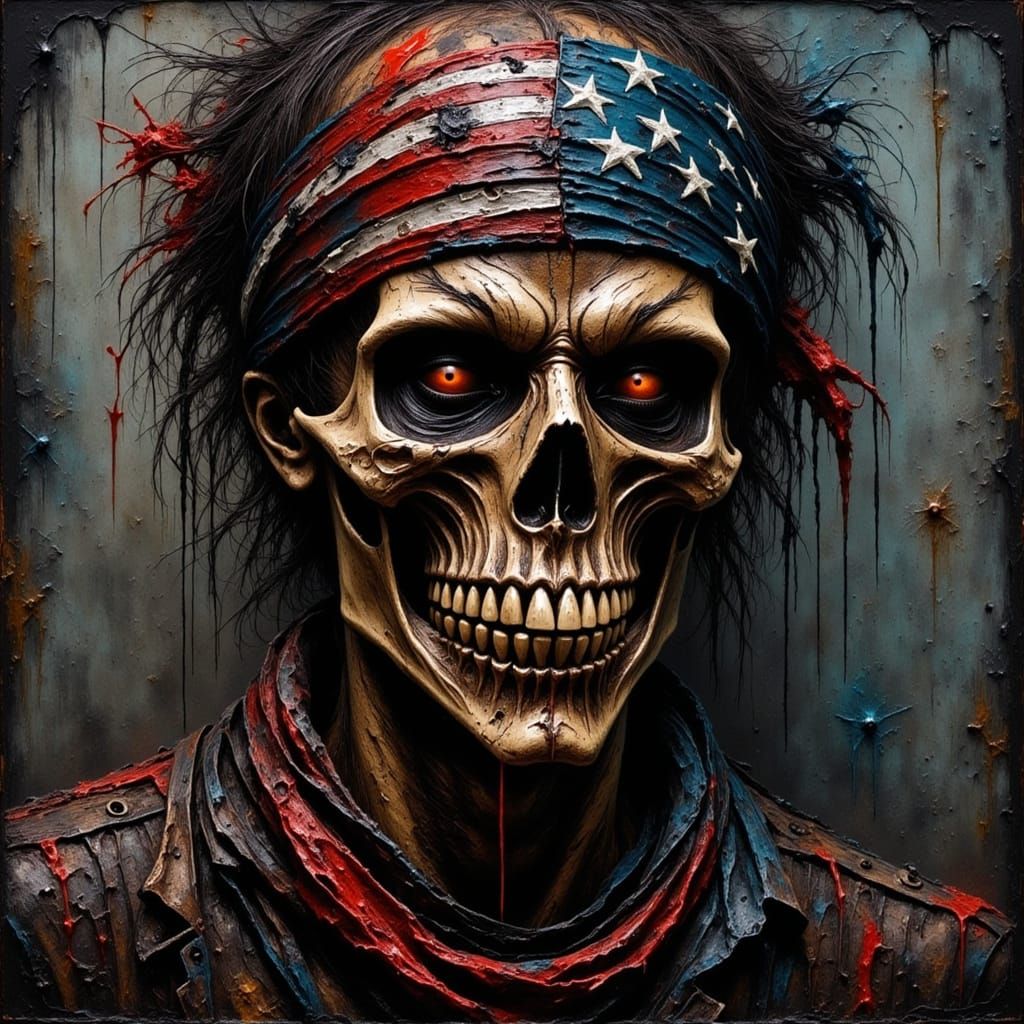 "Grinning skull wearing a tattered American-flag bandana, dripping ink and paint, high-contrast chiaroscuro, impasto oil...