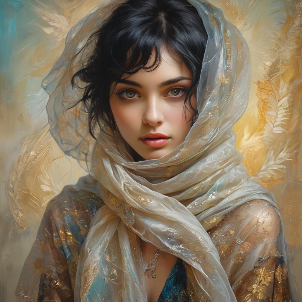 Woman with Flowing Scarf in Surreal Impasto Oil Painting