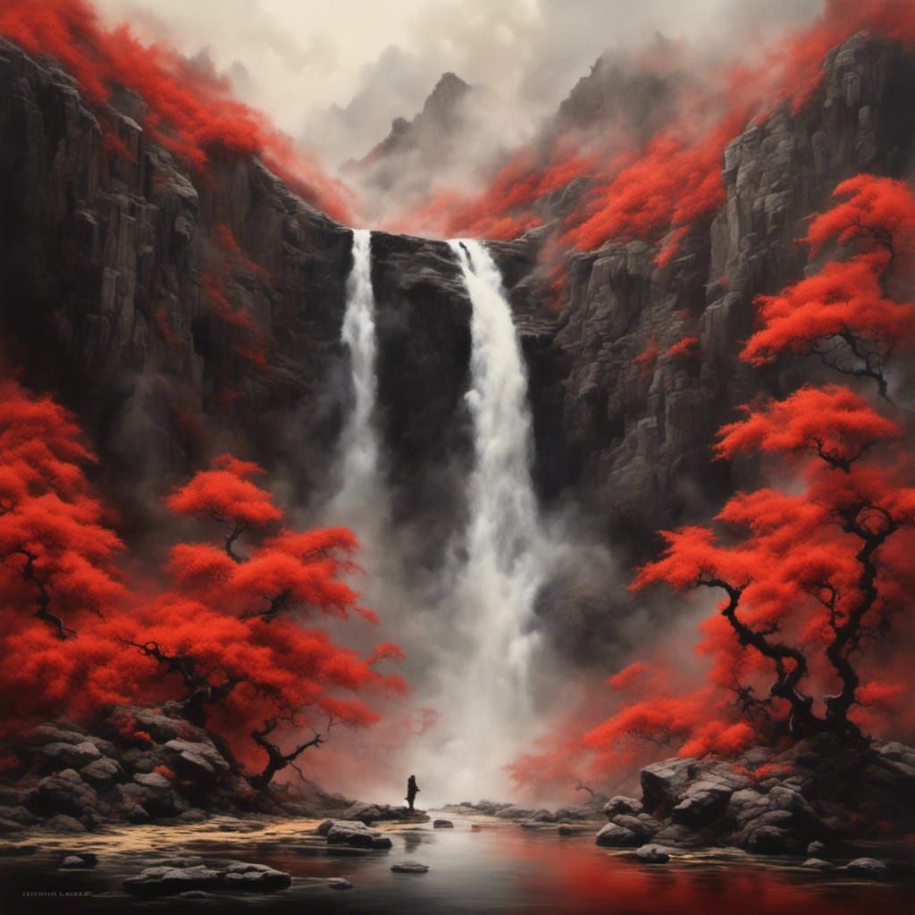 Minimalist Red, Gold, and Black Waterfall