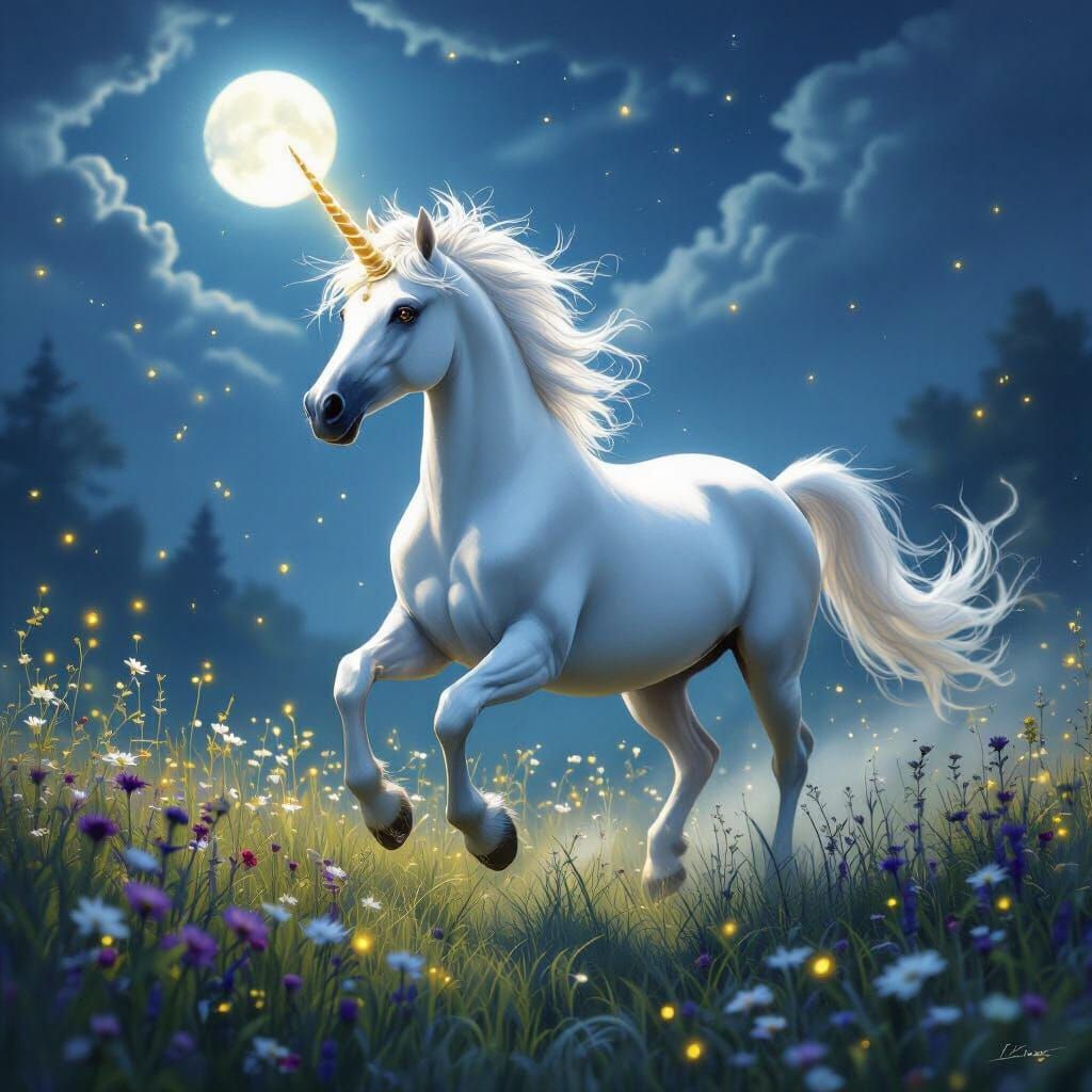 Unicorn Galloping Through Mystical Moonlight Meadow