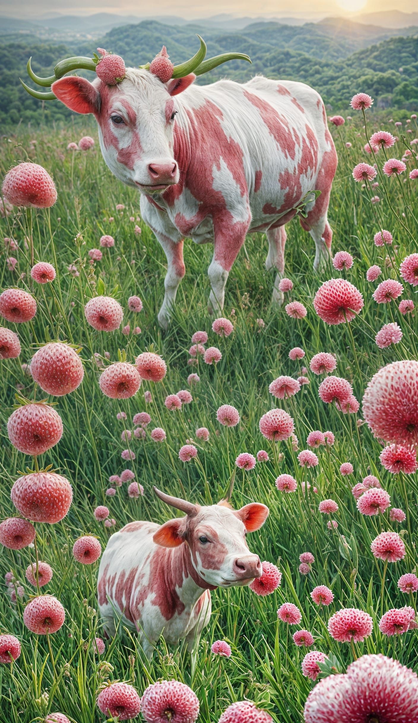Strawberry Cow Grazing in Flower-Filled Meadow