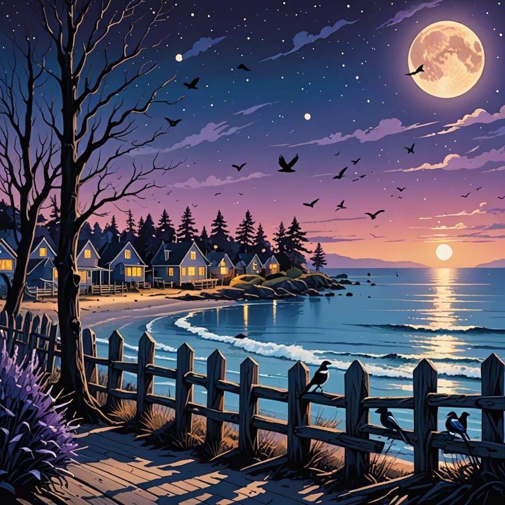 Dreamy Coastal Scene with Magpies in Comic Art Style