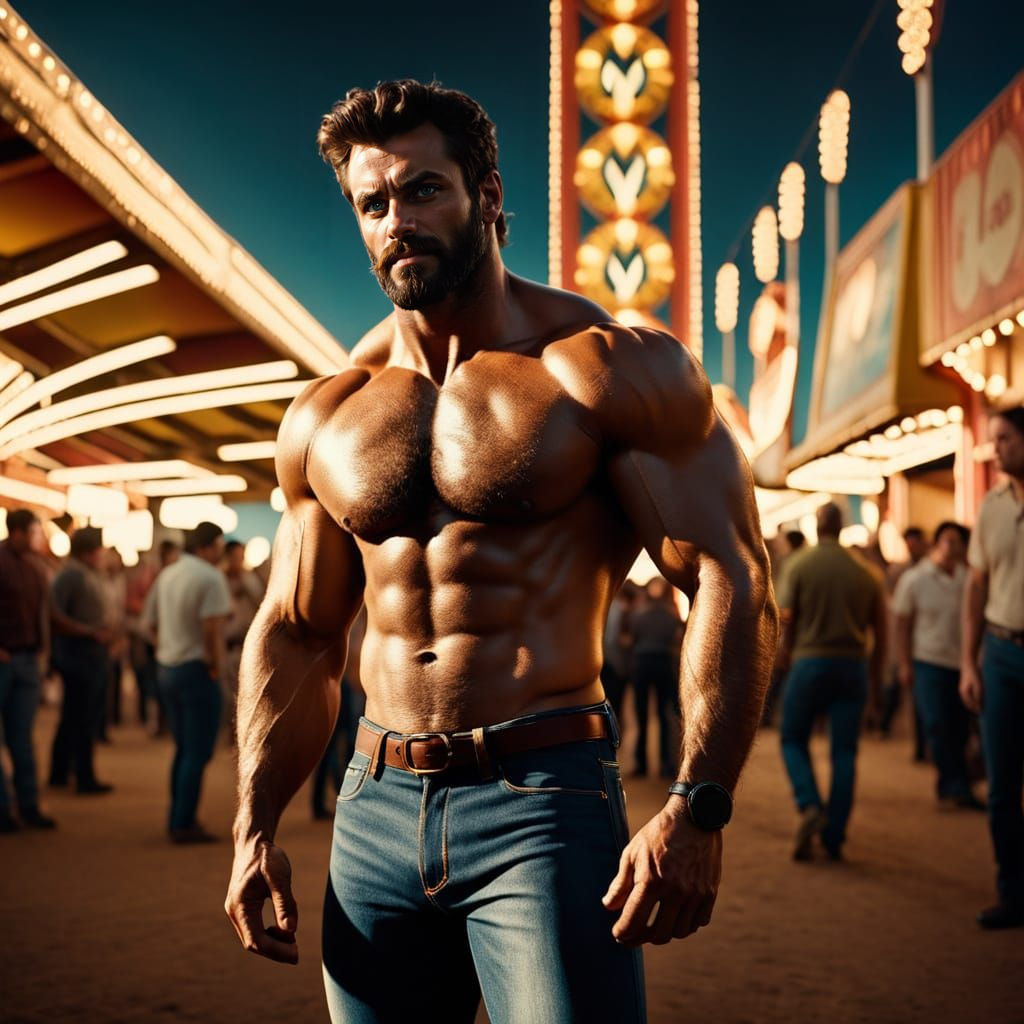 Rugged Carnival Showman in Vibrant Festival