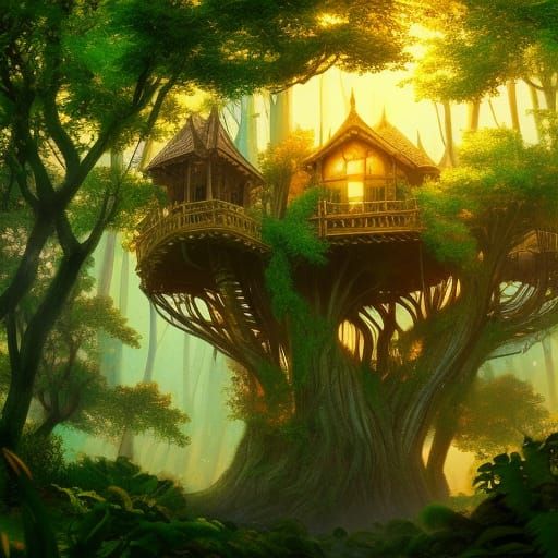 Majestic Treehouse with Vivid Golden and Green Colors