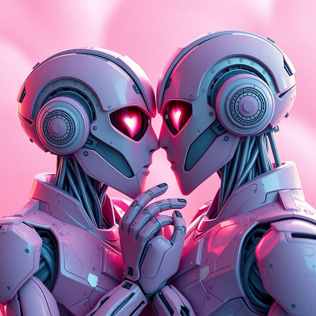 Dreamy Pink Robots in Vibrant Fantasy Landscapes