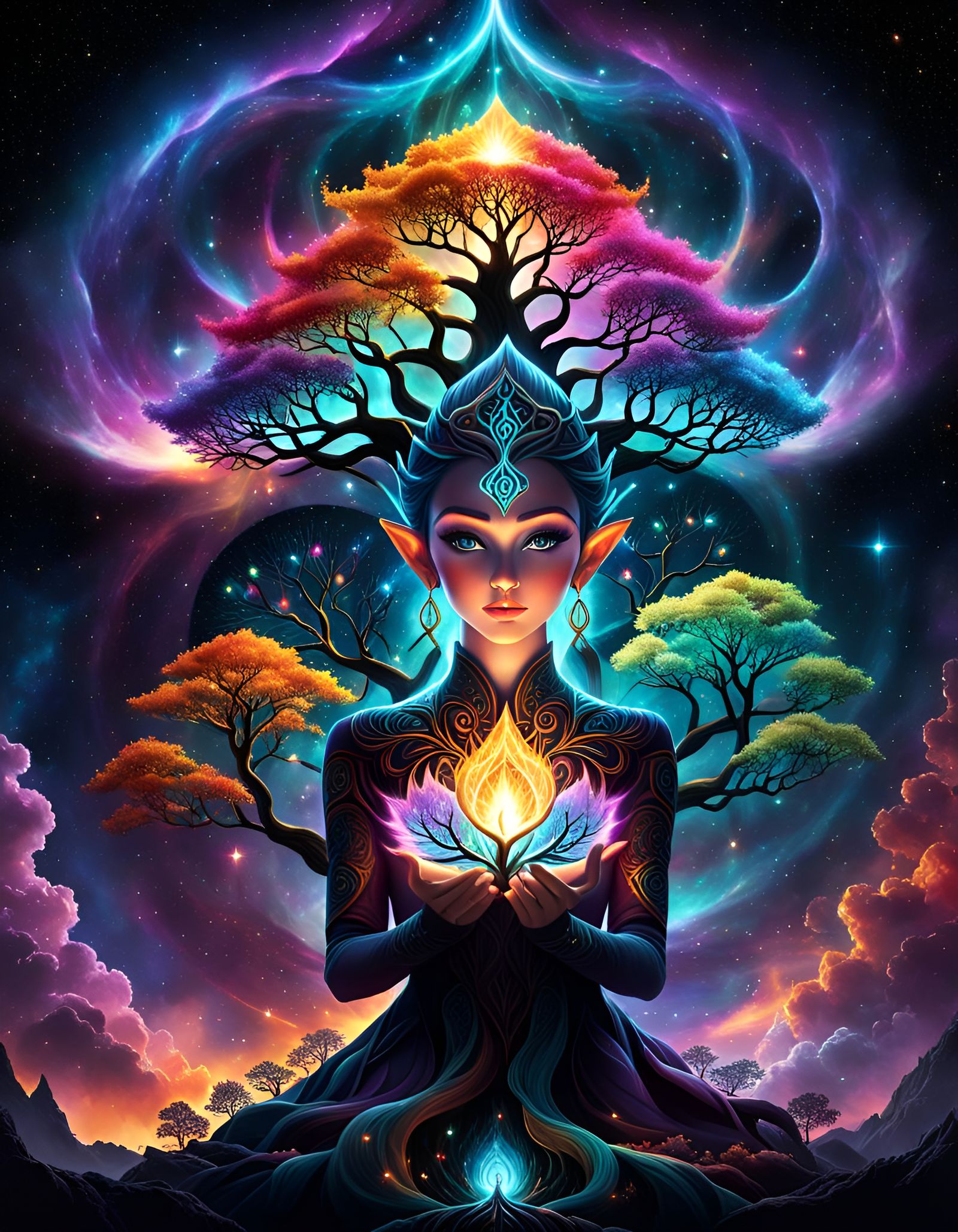 Fantasy Elf with Tree of Life Nebulae