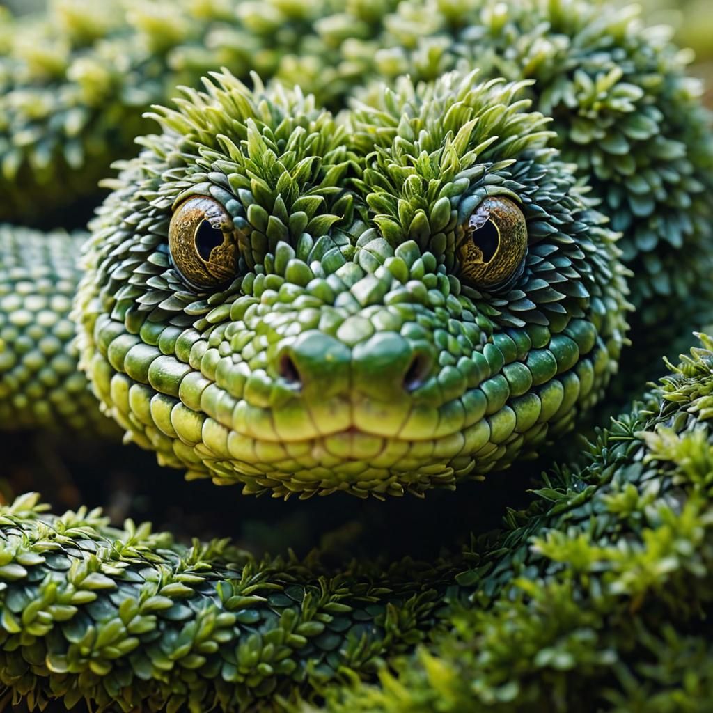 Fuzzy Green Moss Snake Portrait in Digital Art