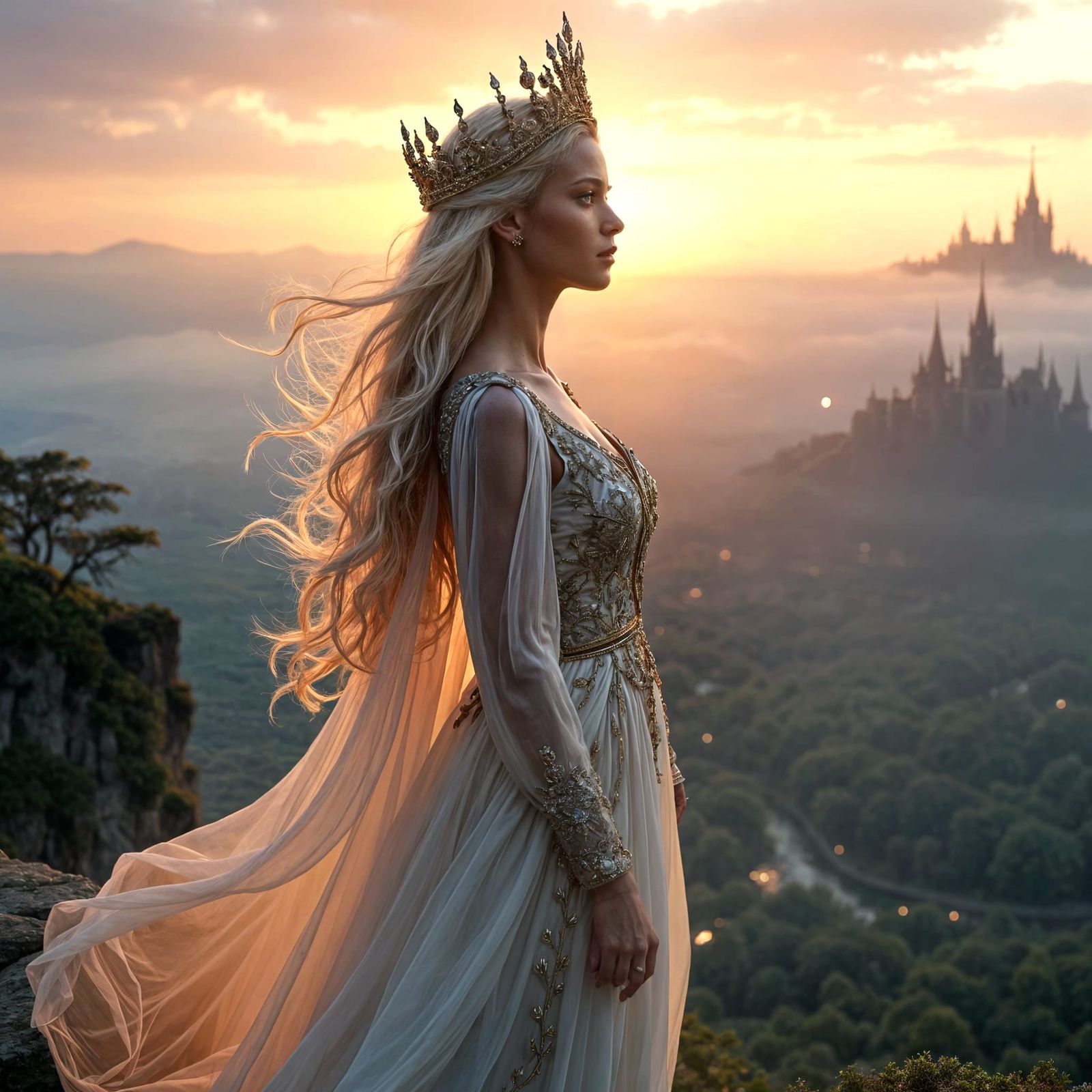 Mythical Queen at Dawn Over Enchanted Kingdom