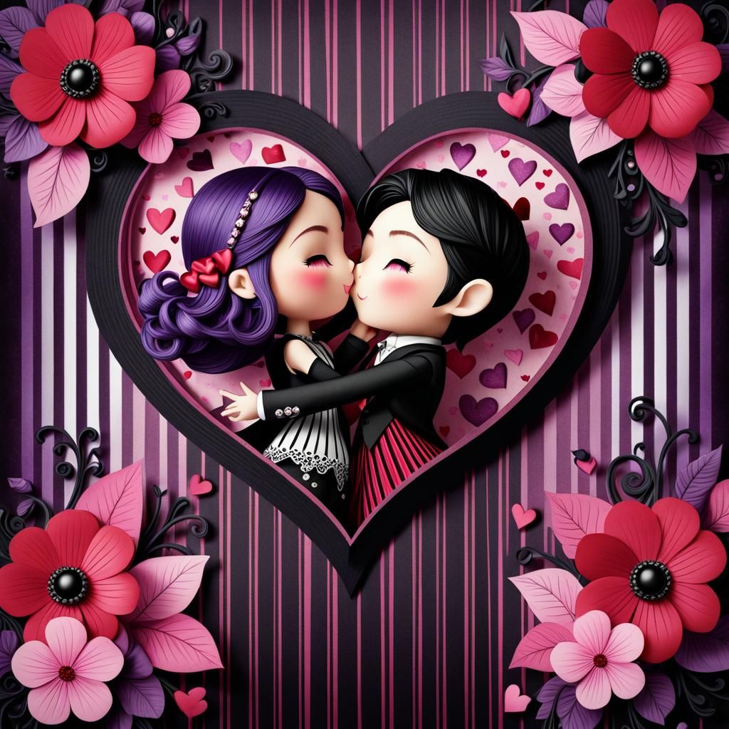 Chibi Couple Dancing in Romantic Gothic Watercolor Style