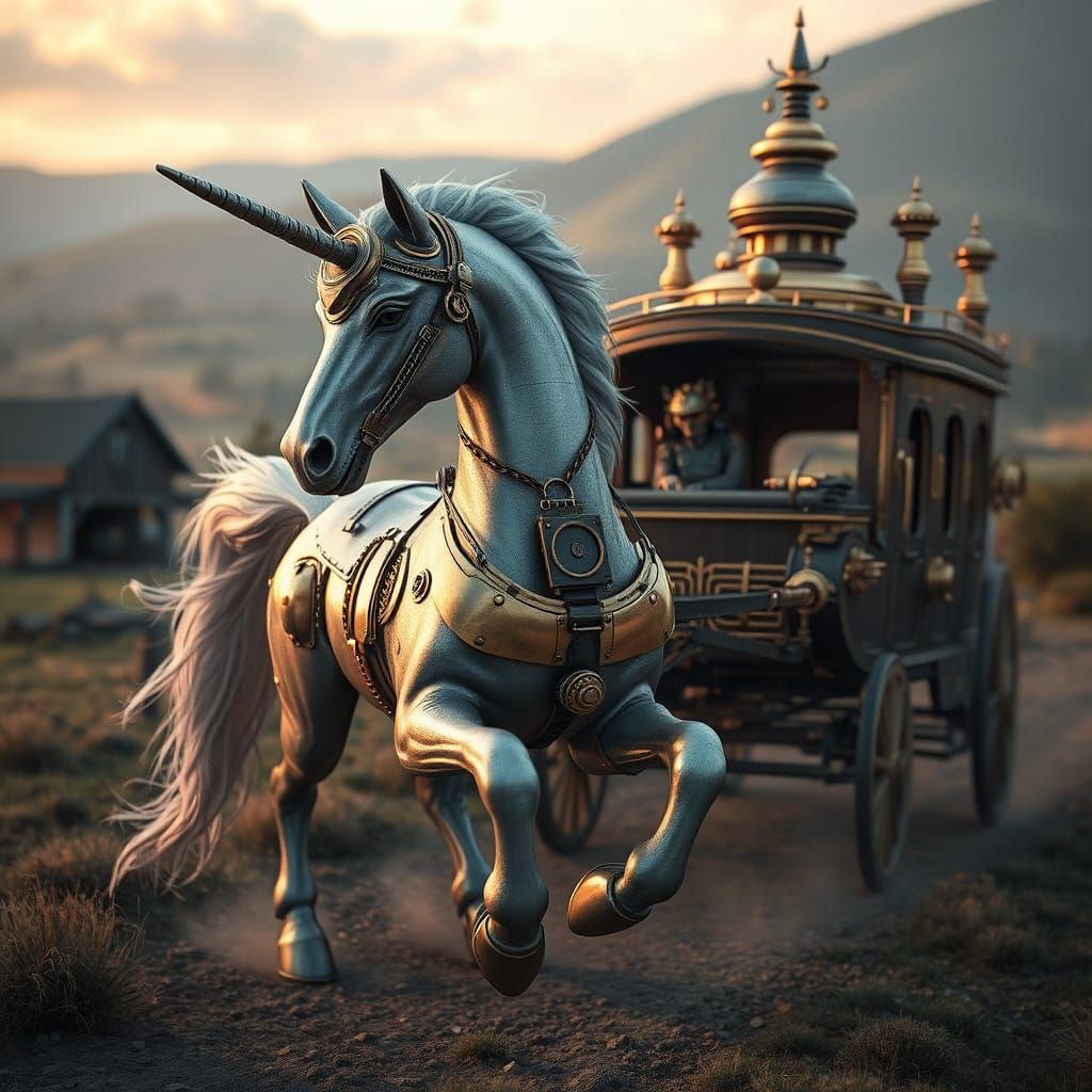 Steampunk Mechanical Unicorn Pulls Stagecoach