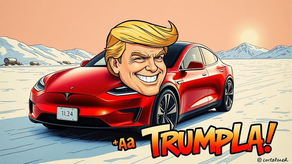 Donald Trumps head on the bonnet of a Tesla