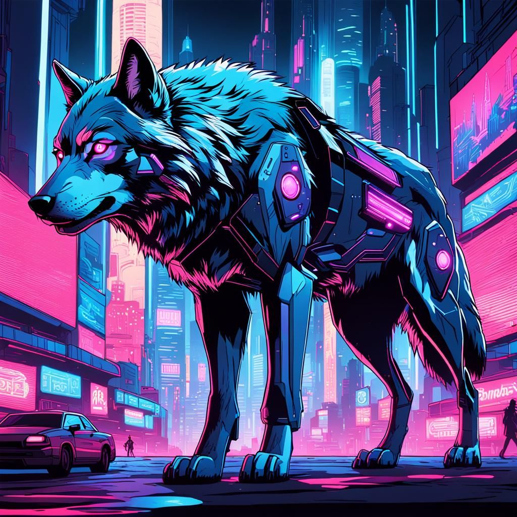 Cyberpunk Wolf in Neon City, Comic Style