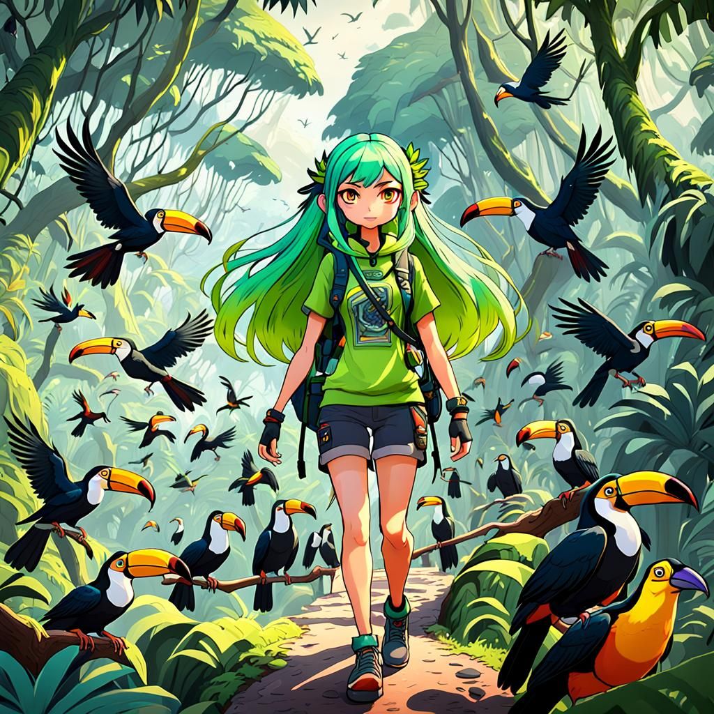 Anime Girl Hiking with Toucans, Detailed Matte Painting